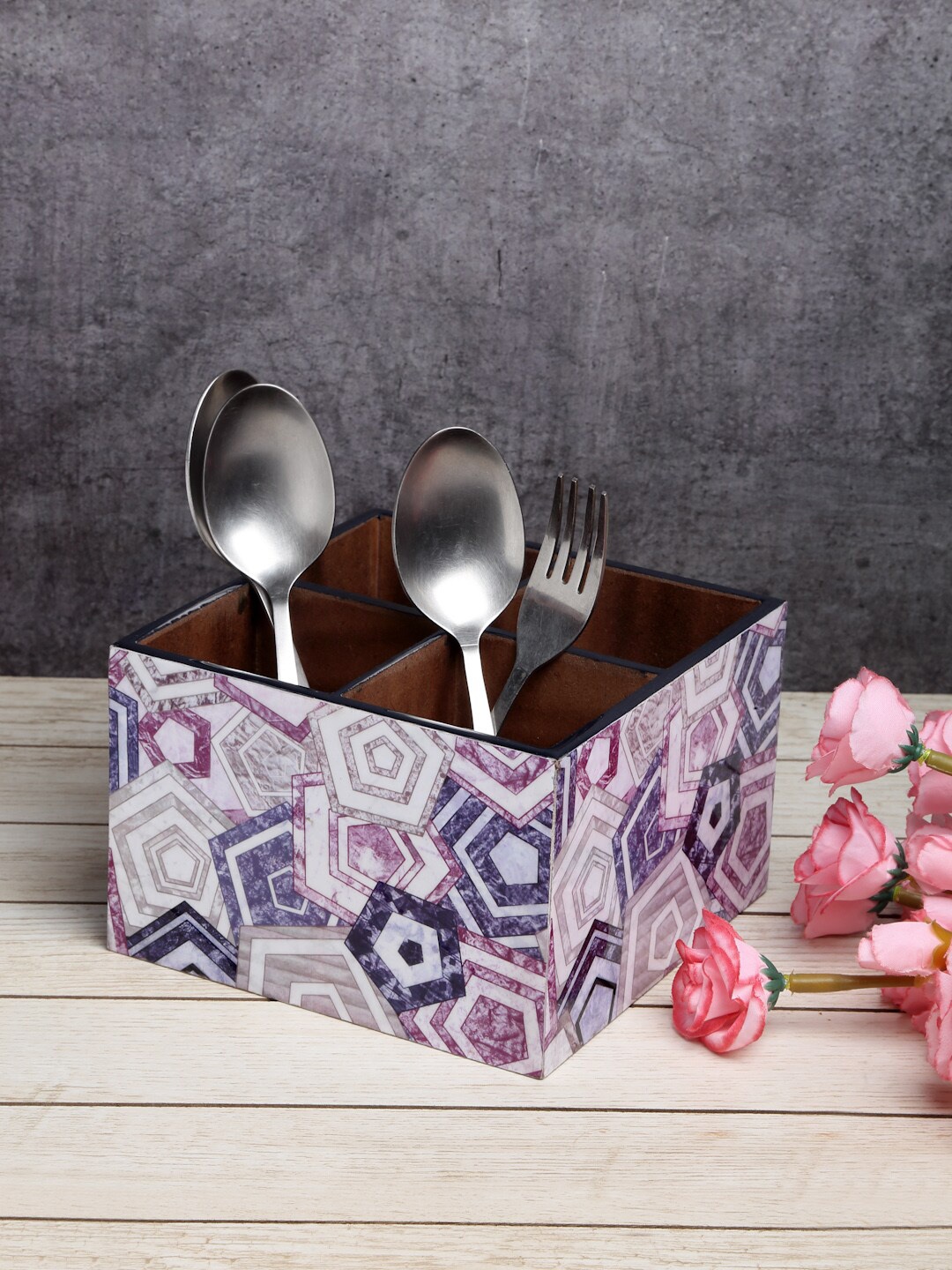 

ROMEE White & Blue Wooden Cutlery Holder With 4 Divider