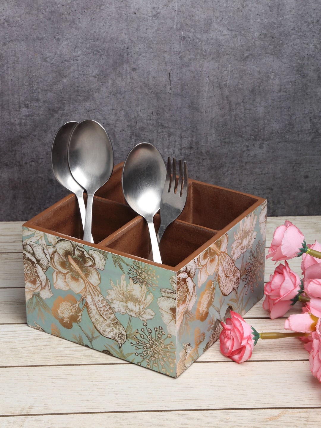 

ROMEE Turquoise Blue & Cream Floral Printed Cutlery Holder With Spoons & Fork