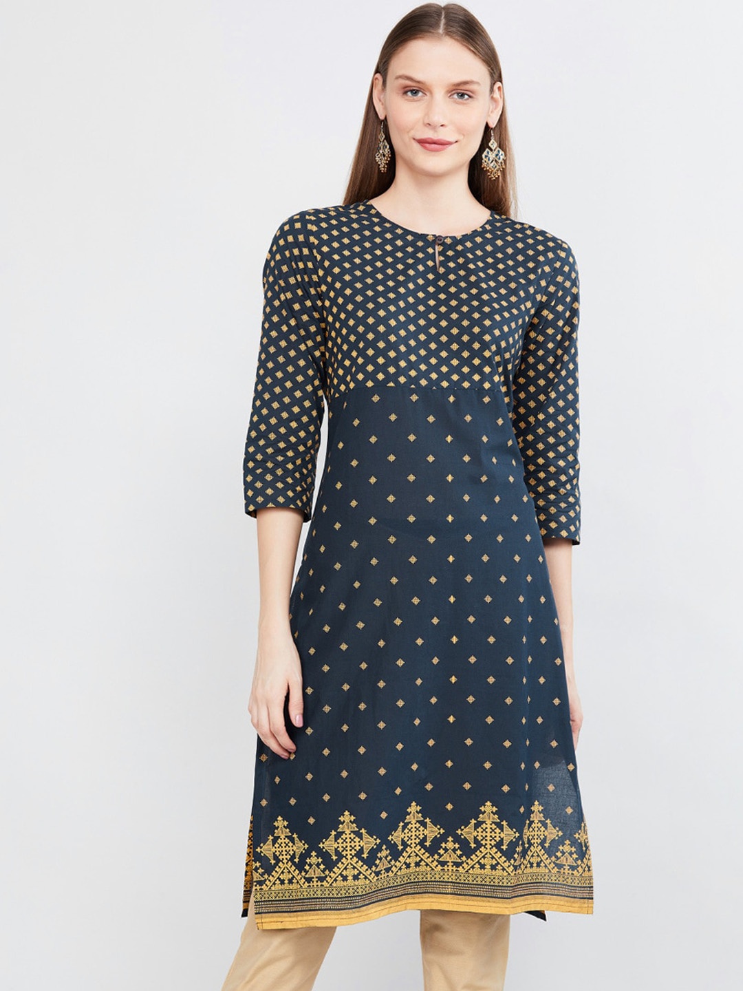 

max Women Navy Blue Geometric Printed Cotton Kurta