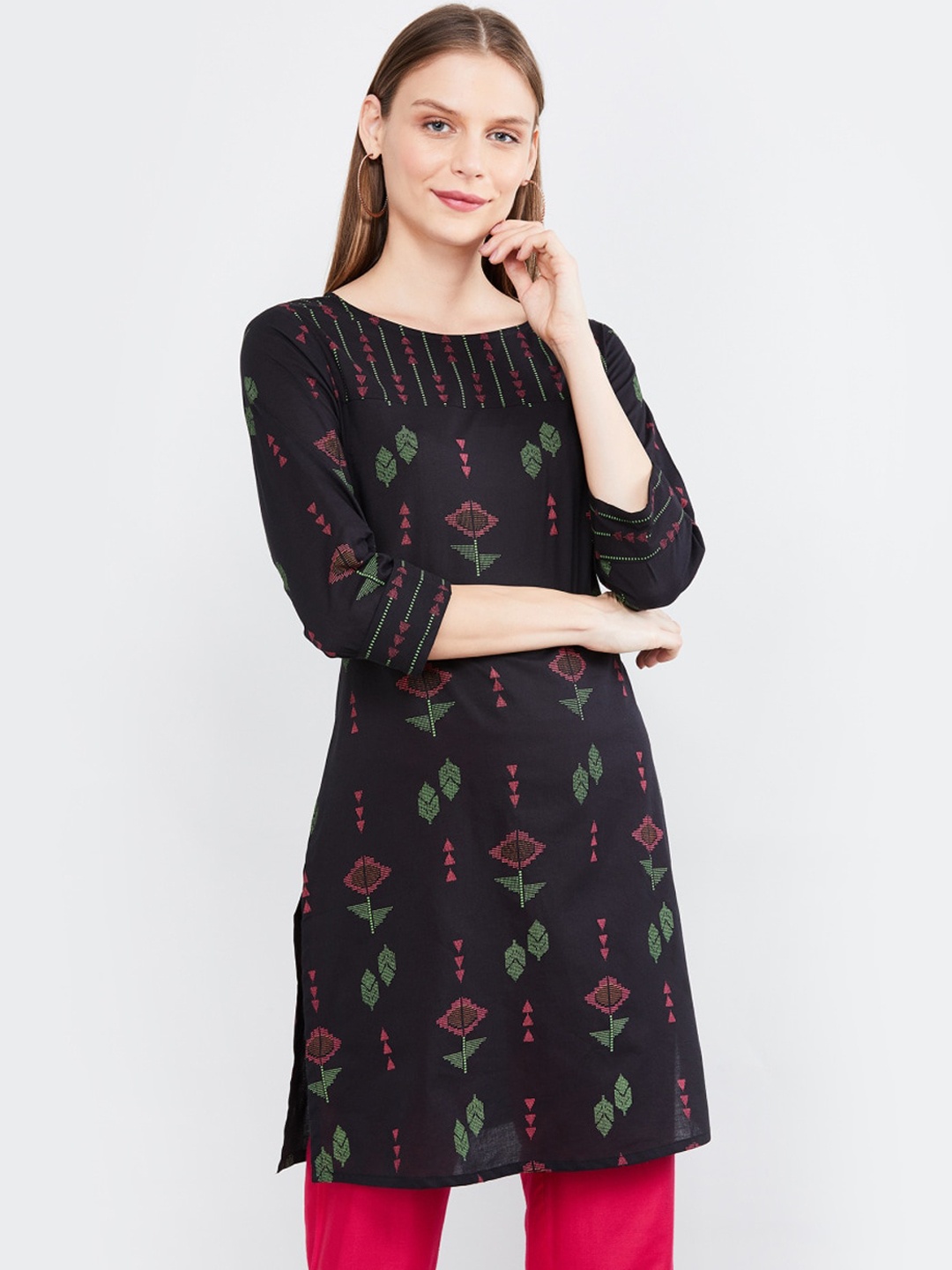 

max Women Black Floral Printed Cotton Kurta