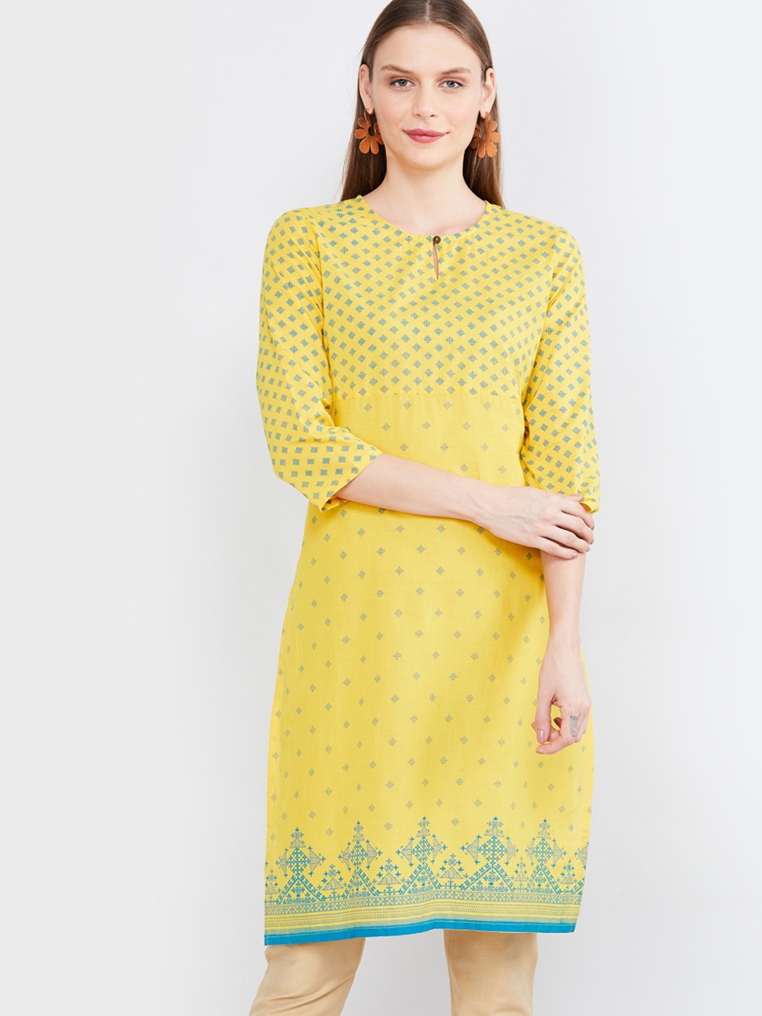 

max Women Mustard Yellow Geometric Printed Keyhole Neck Cotton Kurta