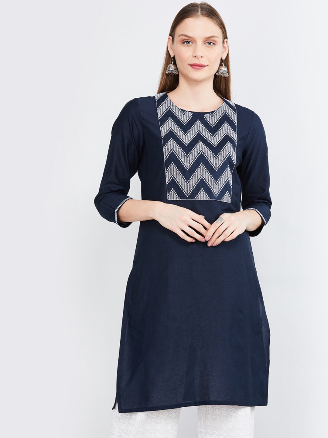 

max Women Blue Chevron Yoke Design Cotton Kurta