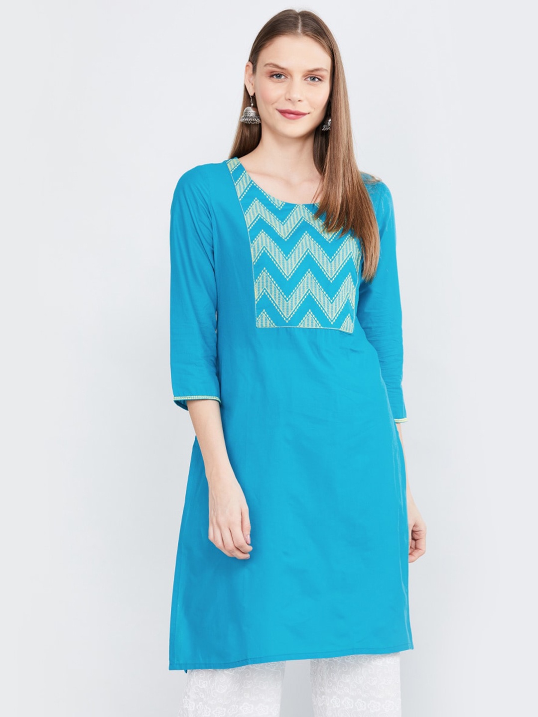 

max Women Blue Chevron Yoke Design Cotton Kurta