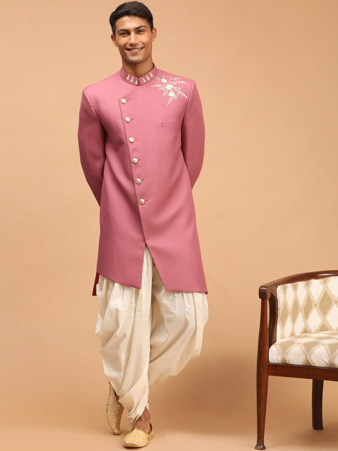 

VASTRAMAY Men Purple & Cream Pearl Embroidered Silk Blend Sherwani Set