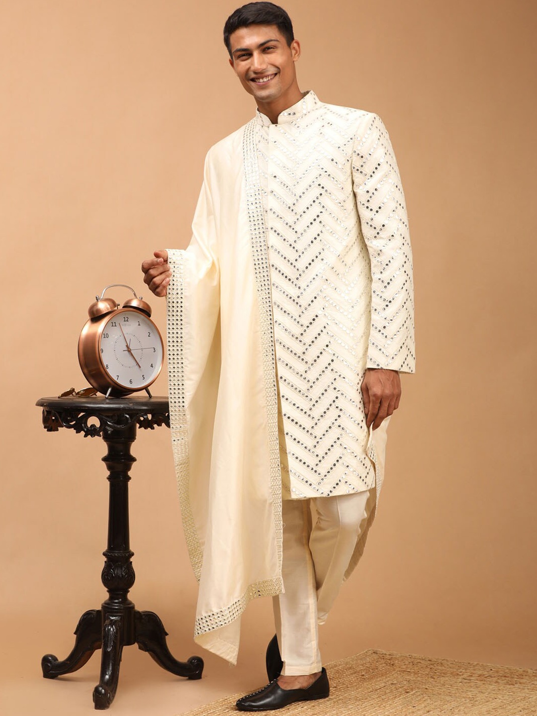 

VASTRAMAY Men Cream Mirror Work Silk Blend Sherwani Set