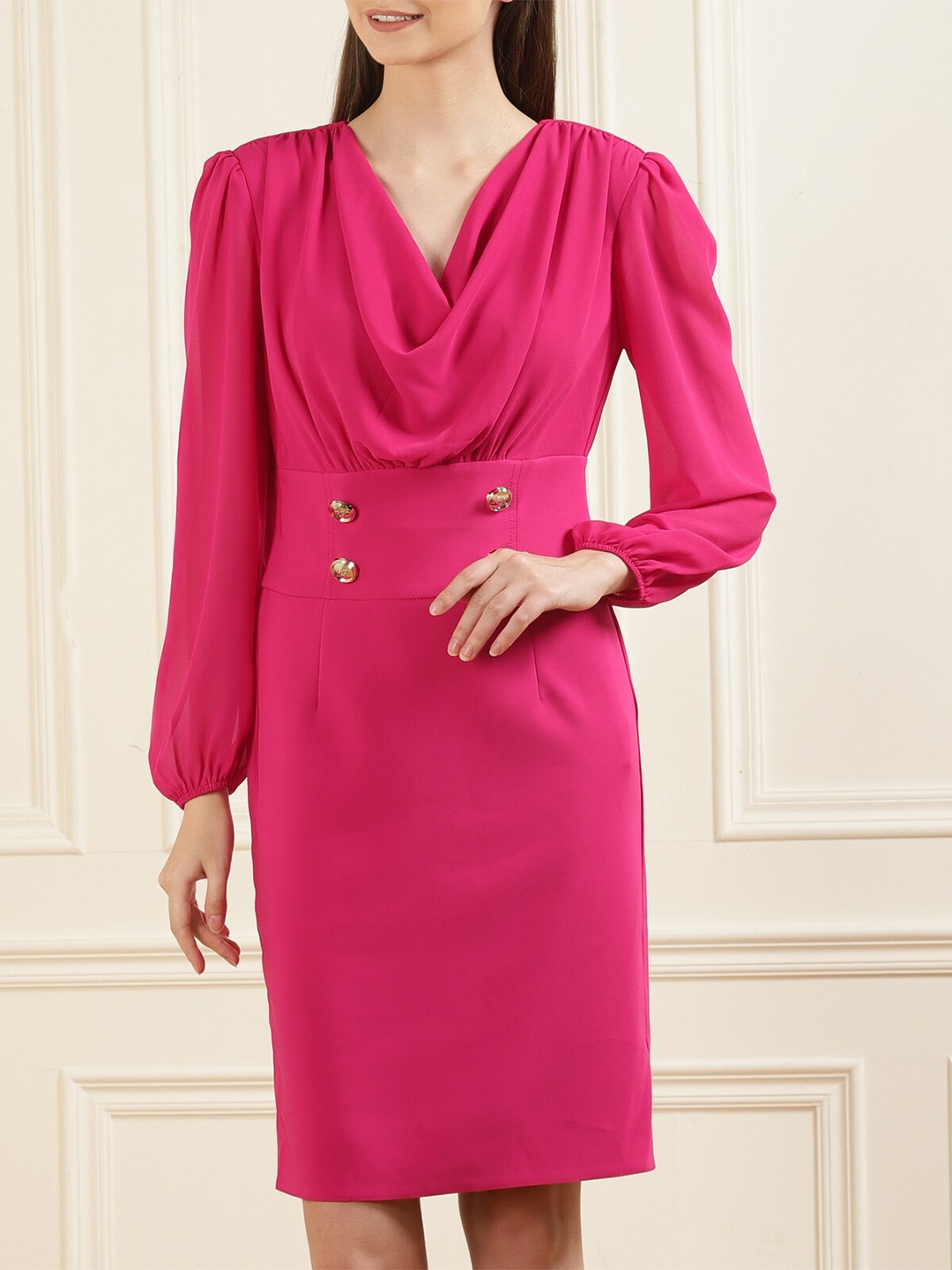 

Rinascimento Pink Cowl Neck Sheath Midi Dress