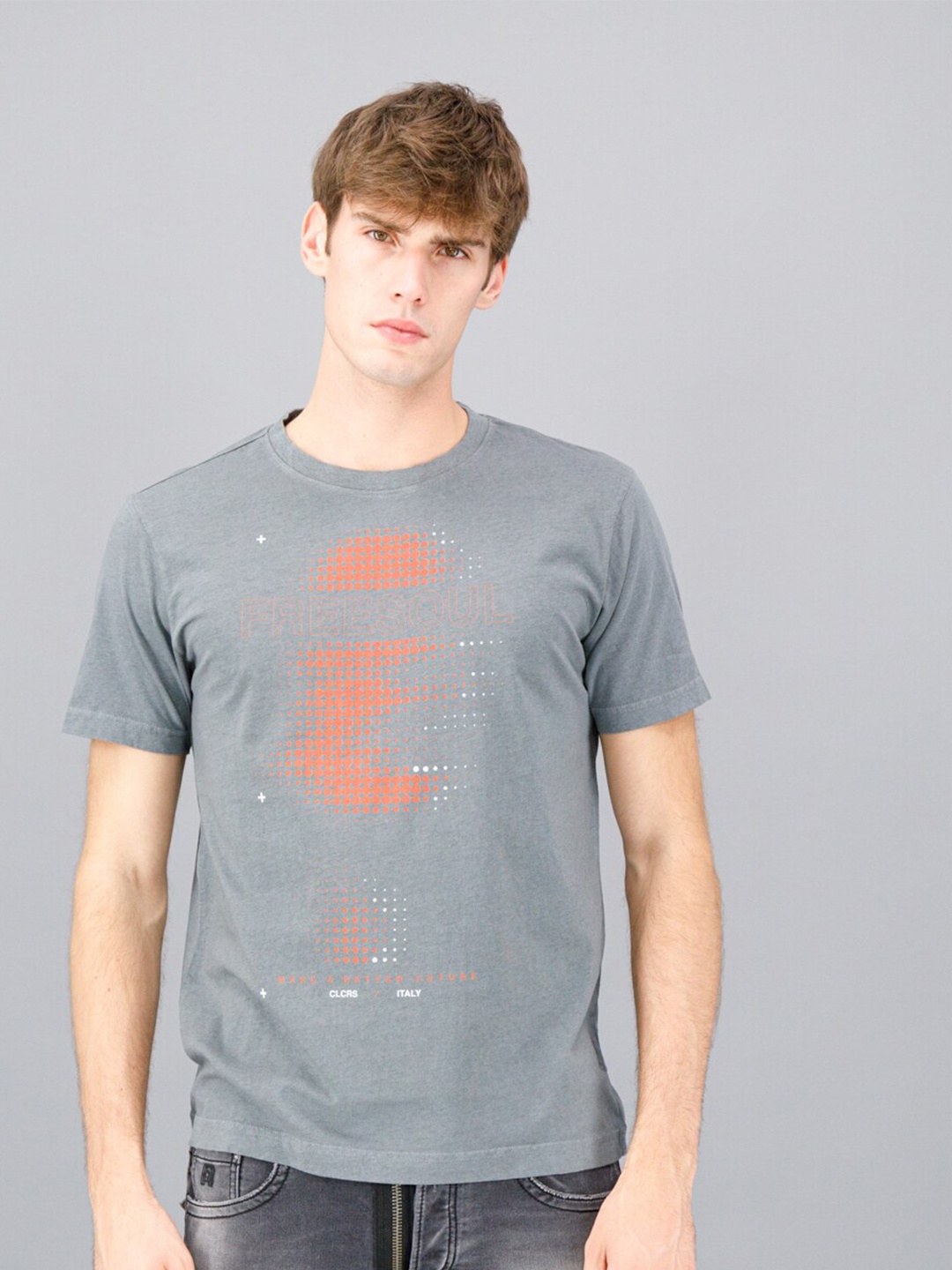 

FREESOUL Men Grey Printed Raw Edge T-shirt