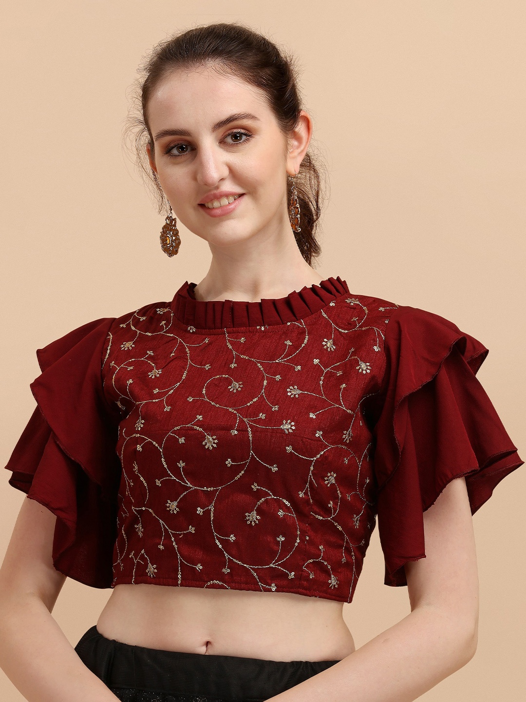 

Paralians Maroon Embellished Crepe Crop Top