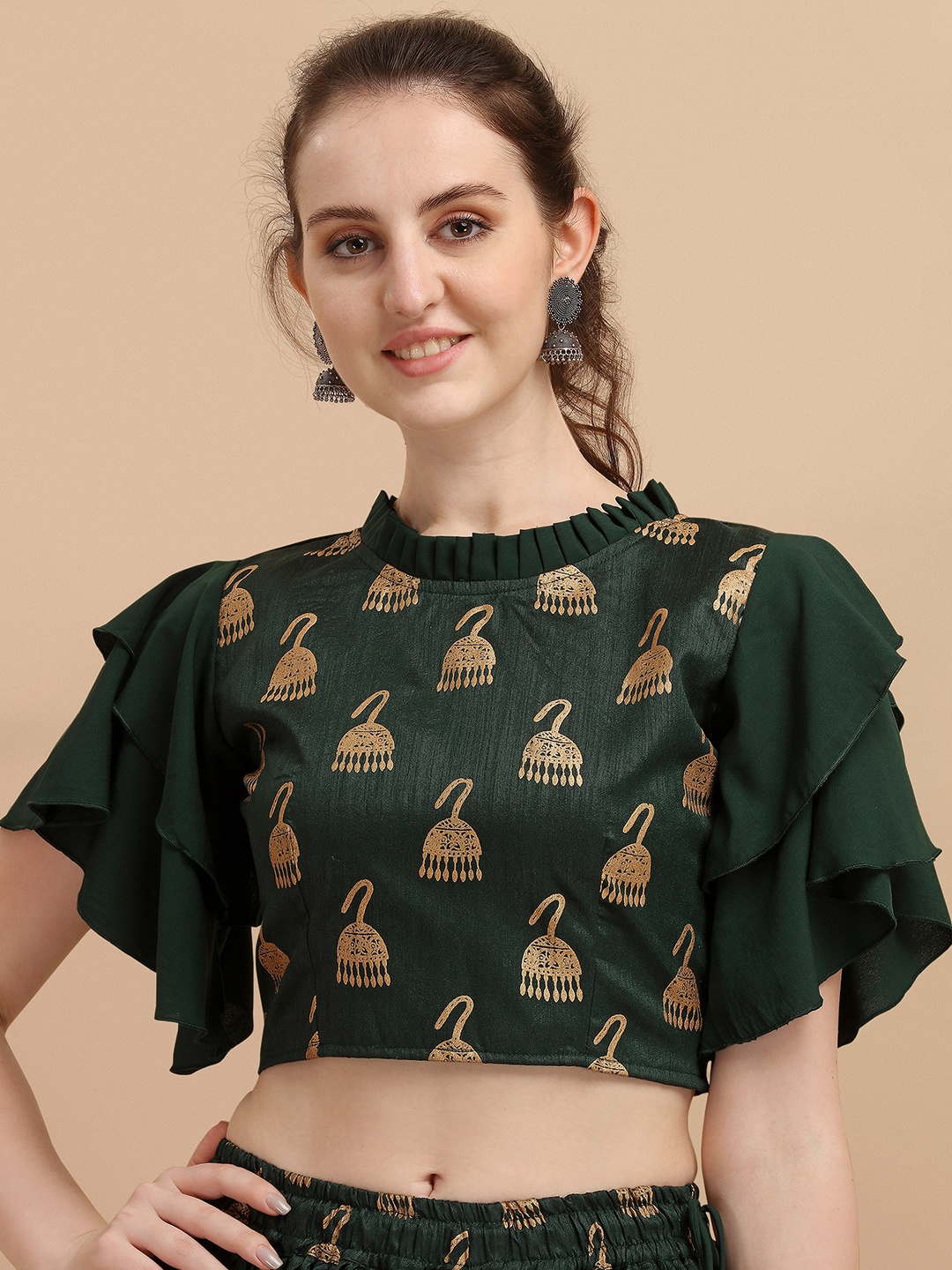 

Paralians Green Print Crepe Crop Top