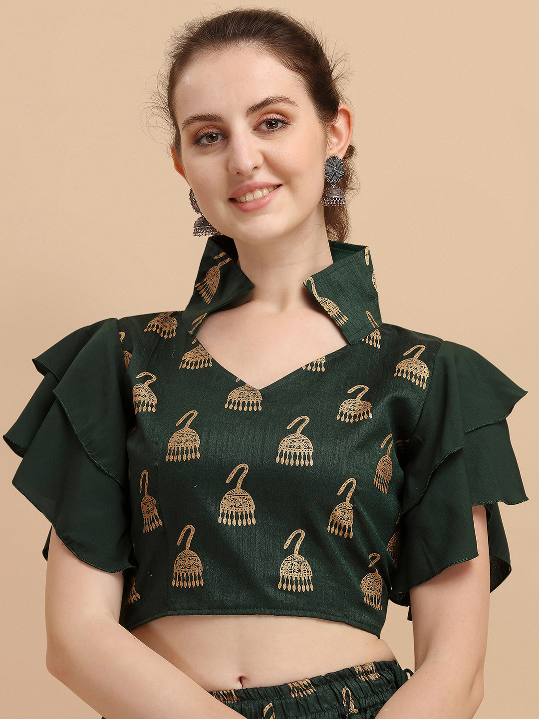 

Paralians Green Print Crepe Crop Top