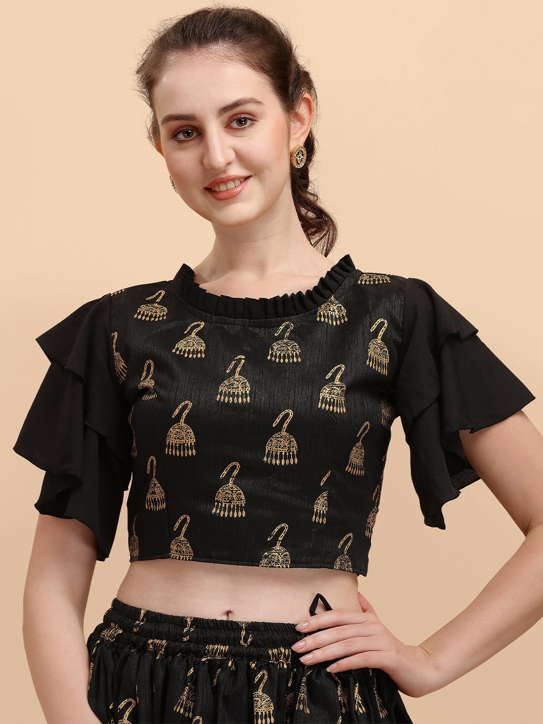 

Paralians Black Print Crepe Crop Top