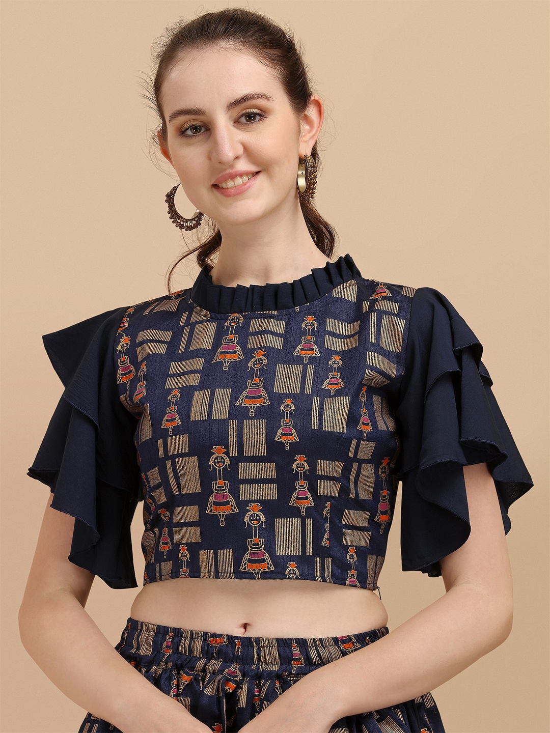 

Paralians Blue Geometric Print Crepe Crop Top
