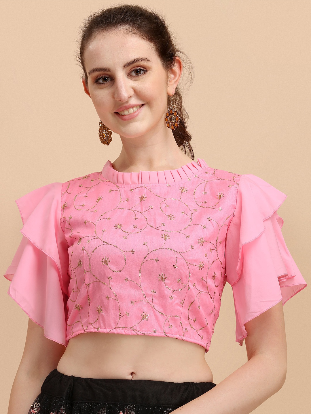 

Paralians Women Pink Floral Embroidered Crepe Crop Top
