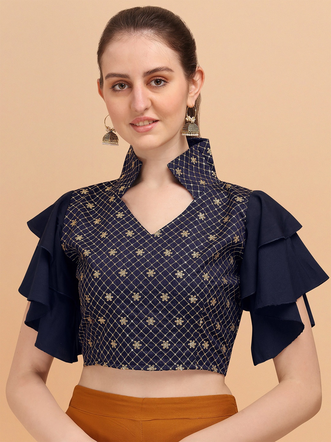 

Paralians Blue Geometric Print Crepe Crop Top
