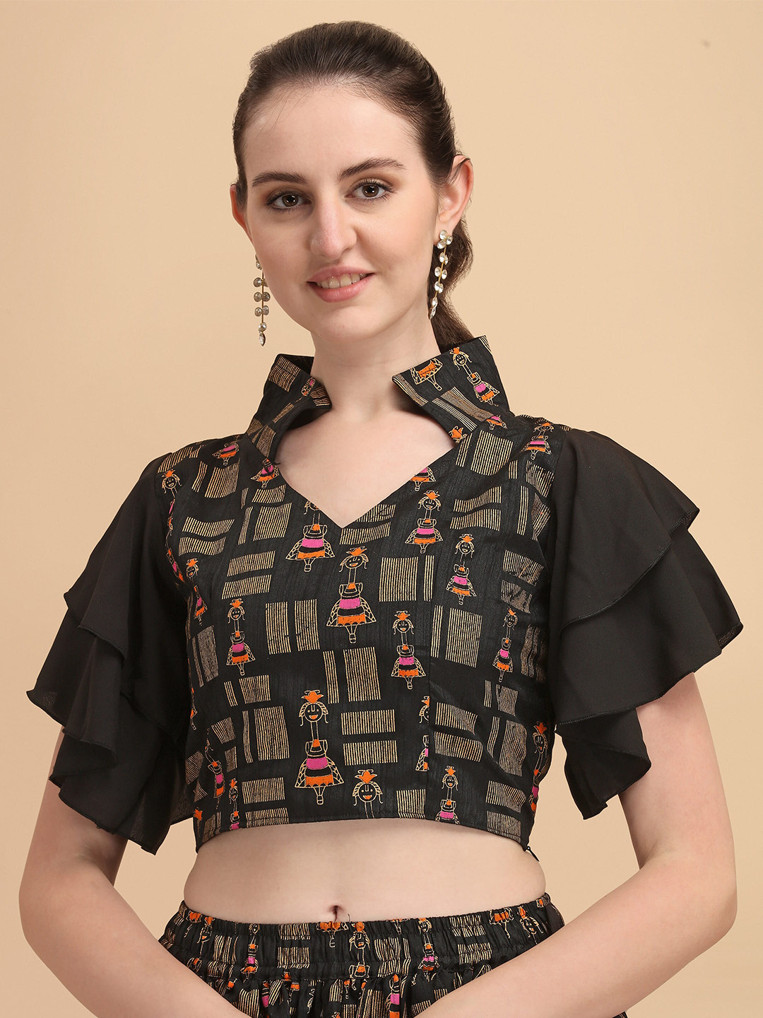 

Paralians Black Floral Print Crepe Crop Top