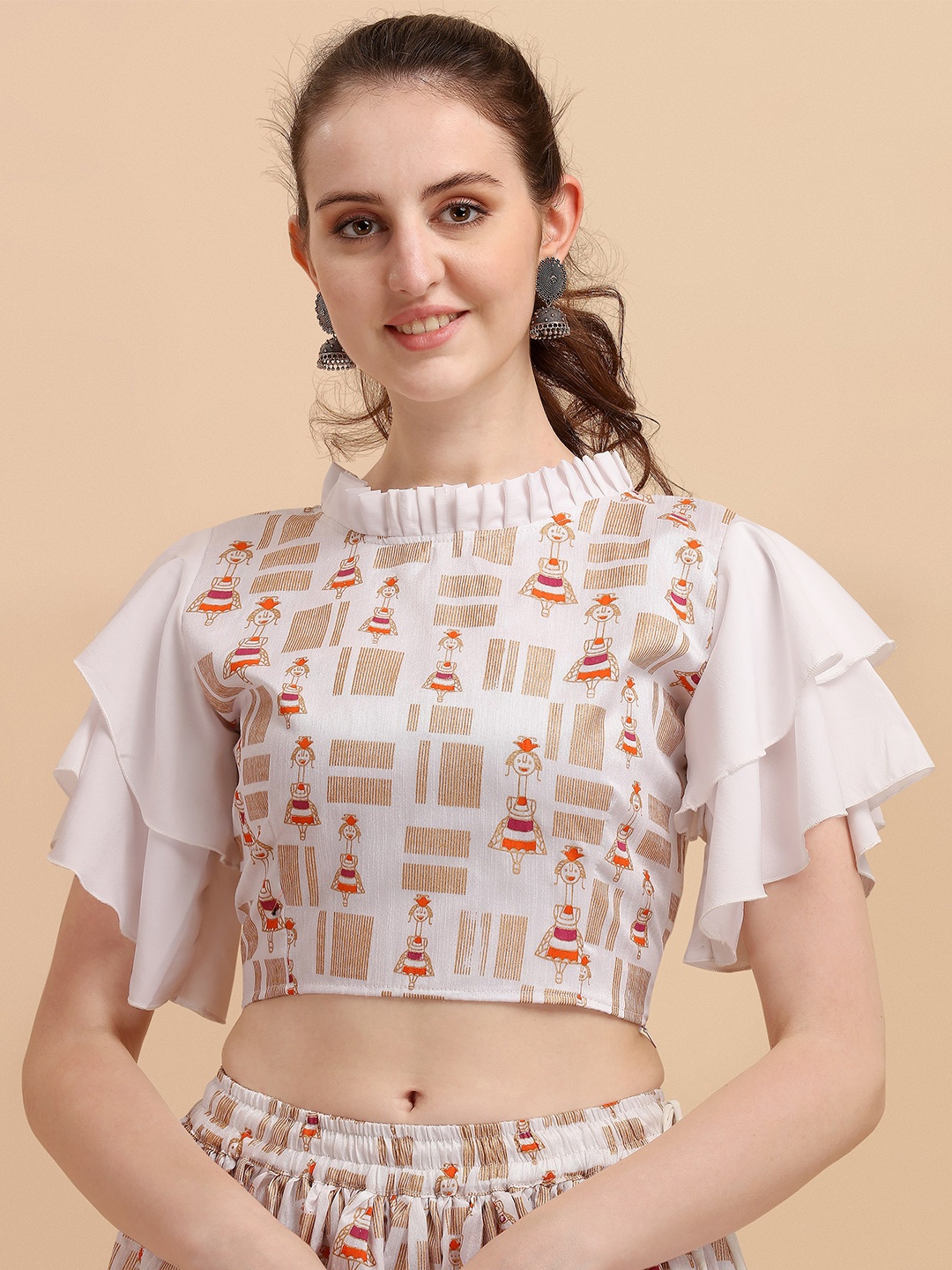 

Paralians White Floral Print Crepe Crop Top