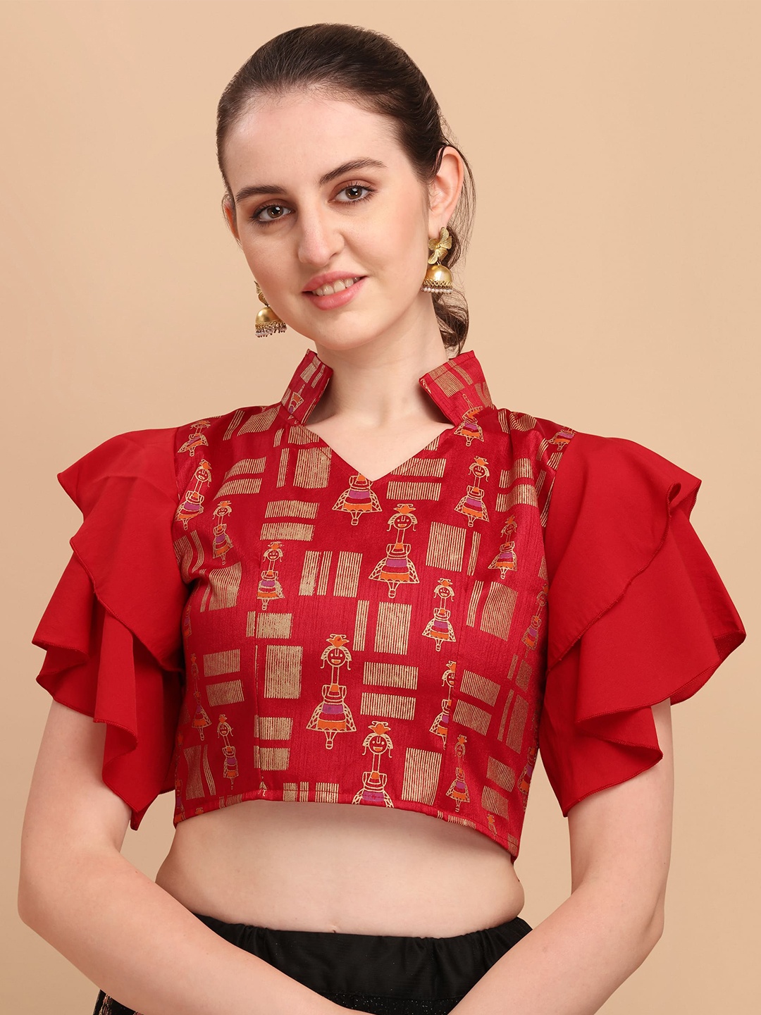 

Paralians Red Print Mandarin Collar Crepe Crop Top