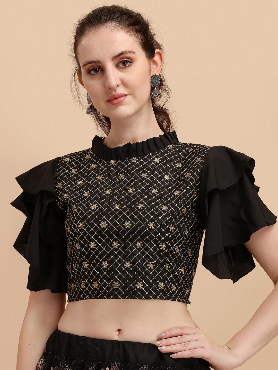 

Paralians Black Geometric Crepe Crop Top