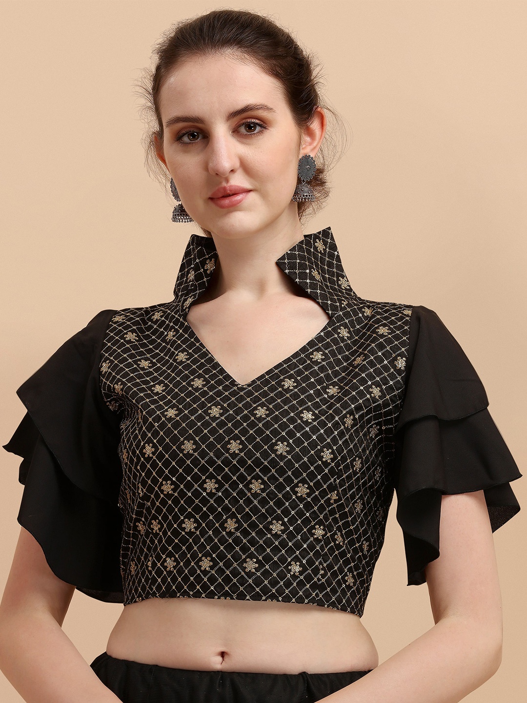 

Paralians Black Geometric Print Crepe Crop Top