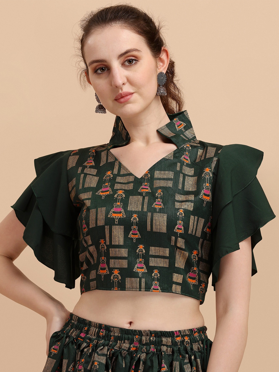

Paralians Green Floral Print Crepe Crop Top