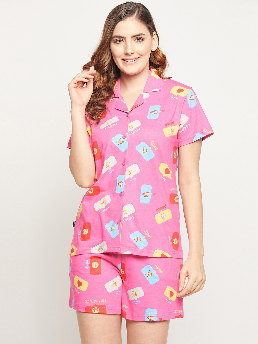 

Clovia Women Printed Button Me Up Shirt & Shorts Night suit, Pink