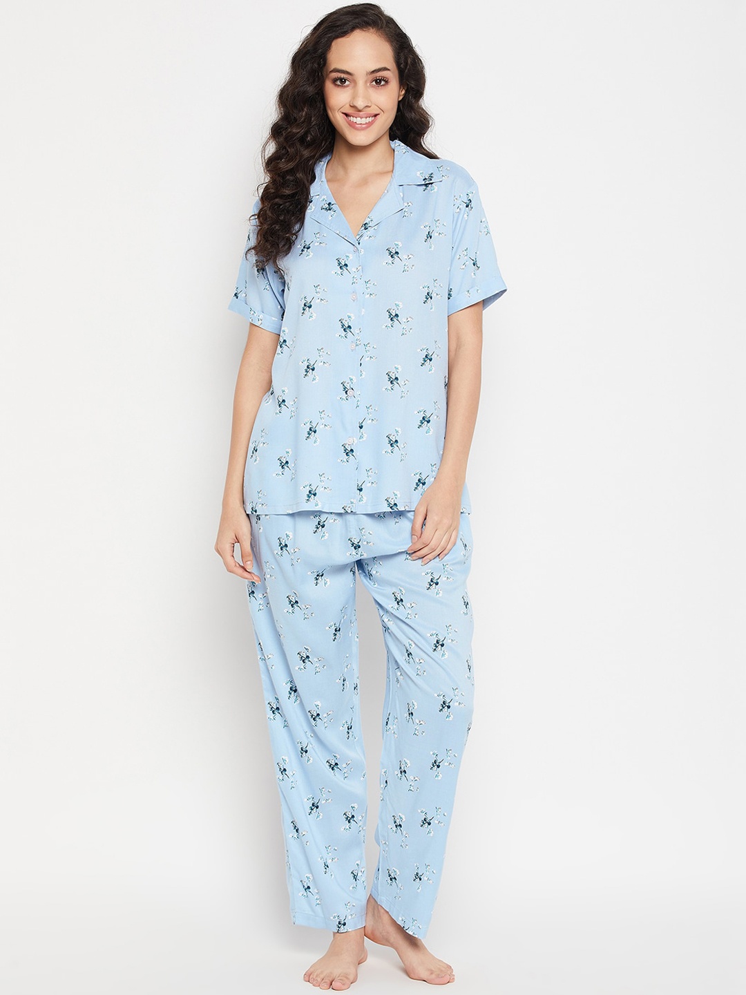 

Clovia Women Printed Button Me Up Shirt & Pyjama Night suit, Blue