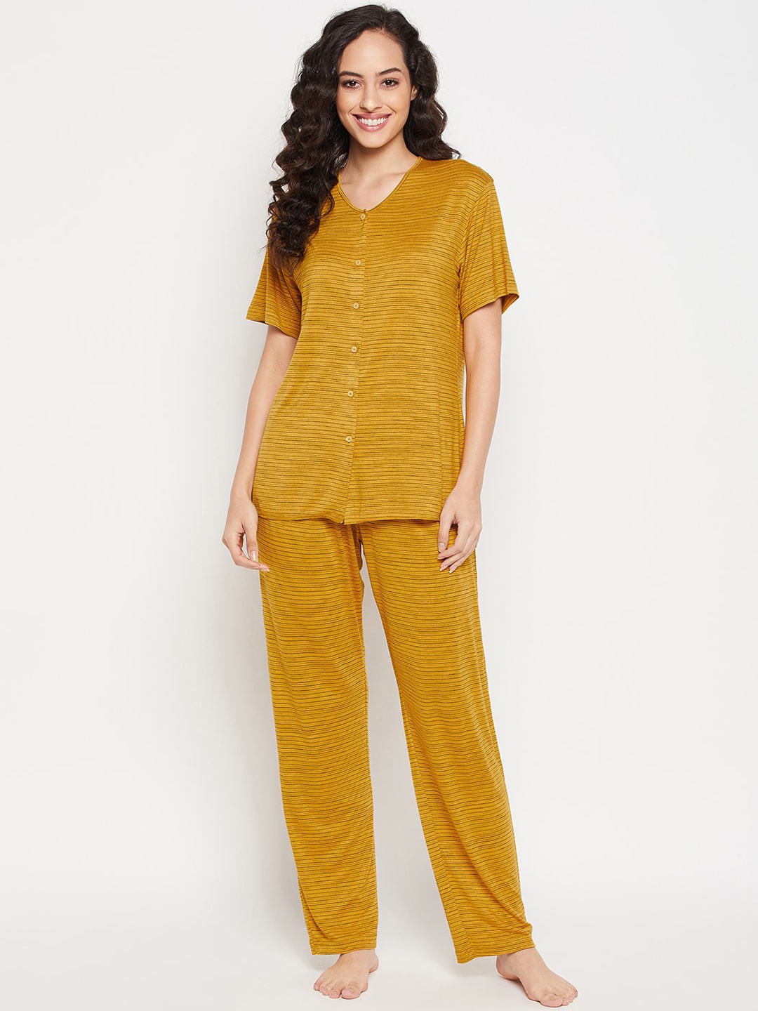 

Clovia Women Basic Button Top And Pyjama Night suit, Yellow