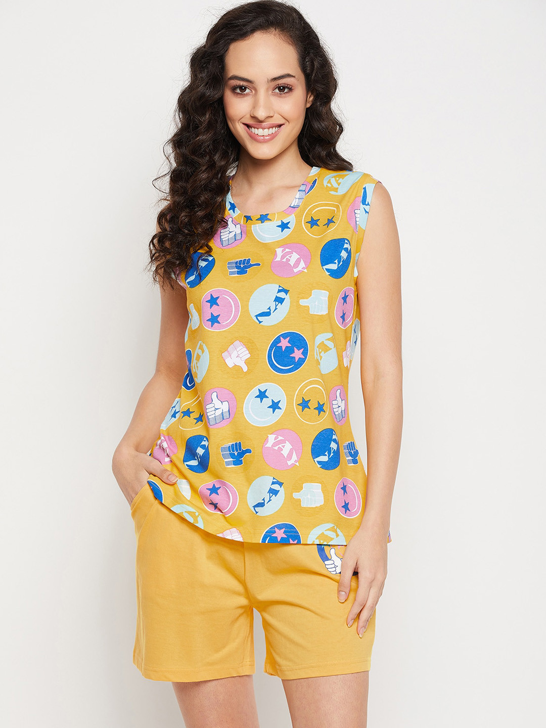 

Clovia Women Emoji Printed Pure Cotton Top & Shorts, Yellow