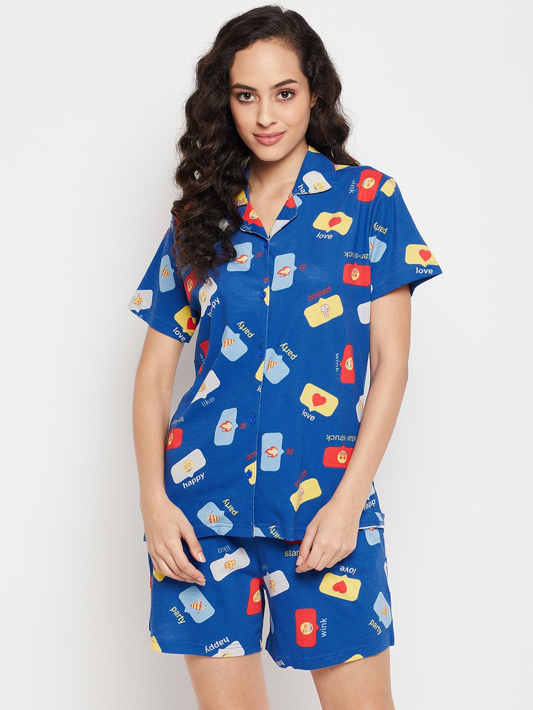

Clovia Women Blue & Yellow Printed Night suit