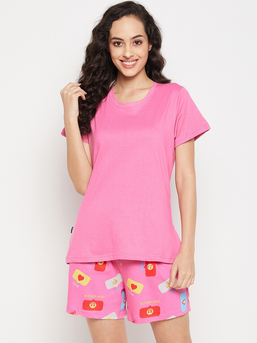 

Clovia Women Cotton Printed T-shirt & Shorts Set, Pink