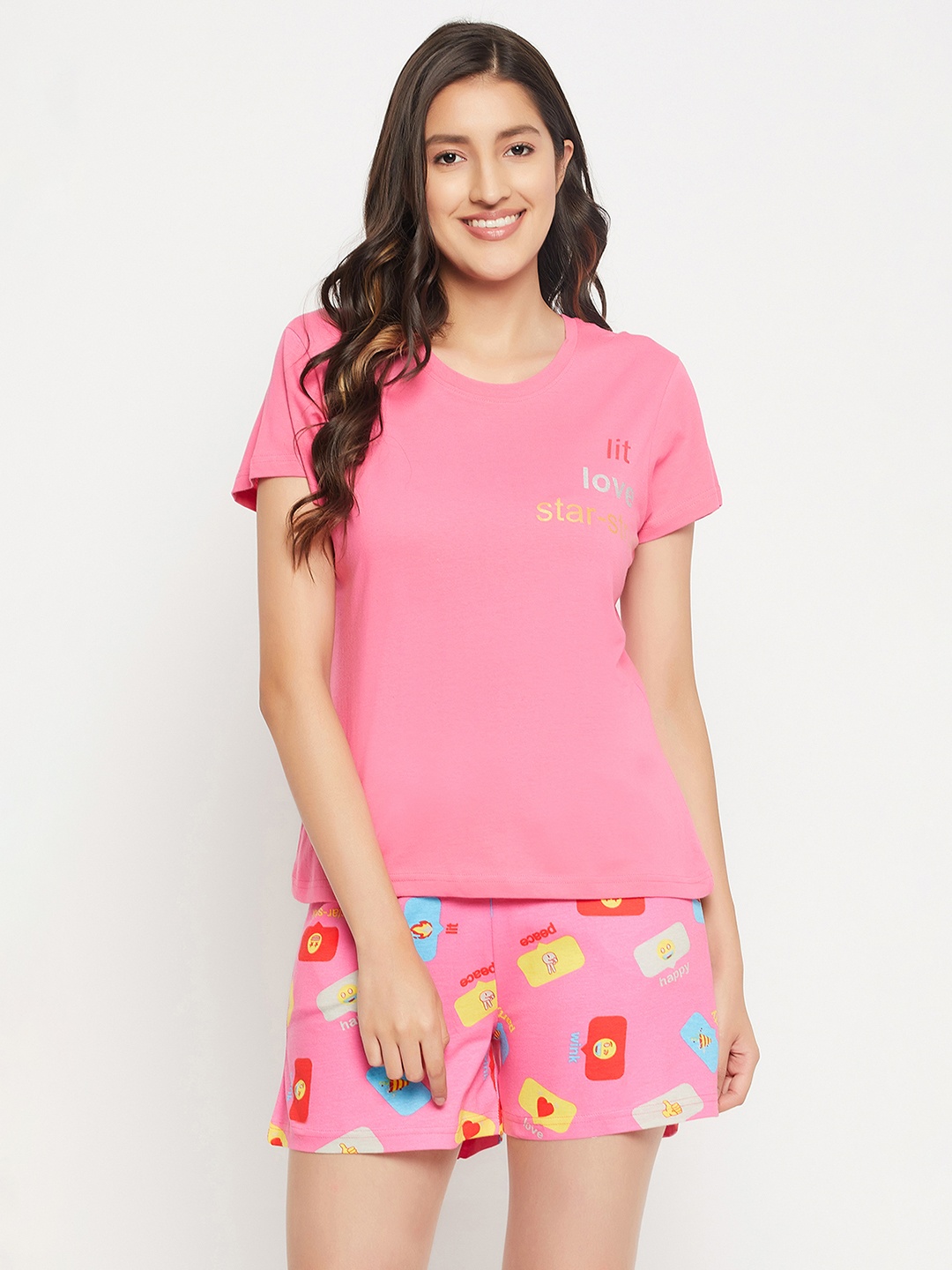 

Clovia Emoji Print Top & Shorts 100% Cotton Night suit, Pink