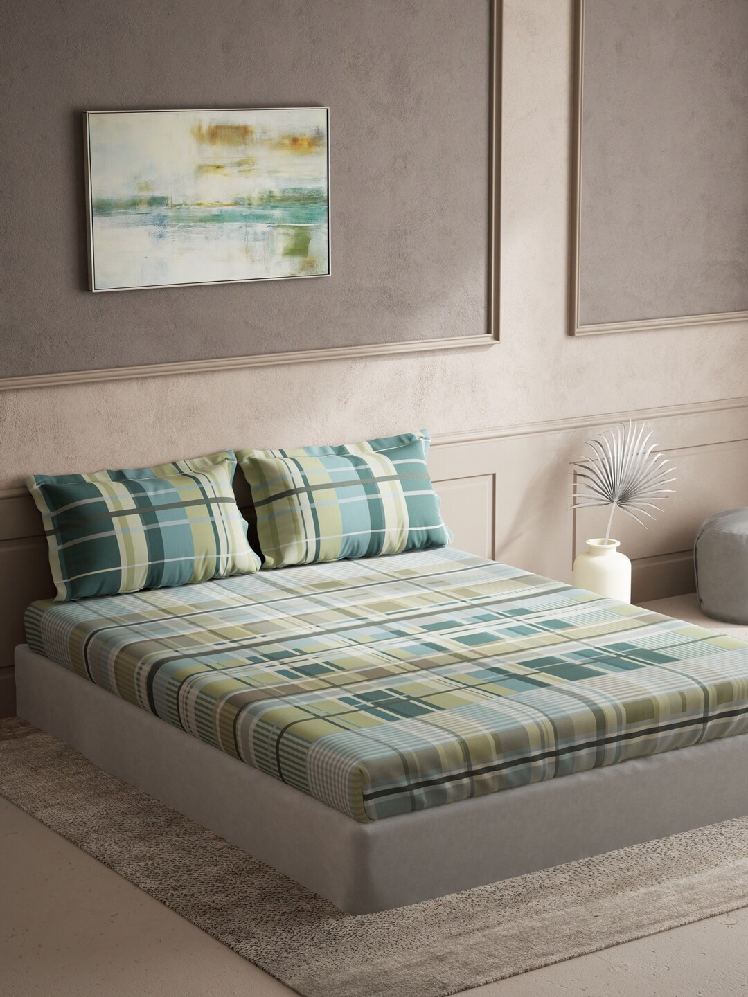 

DDecor Green & Brown Checked Cotton 150 TC King Bedsheet with 2 Pillow Covers
