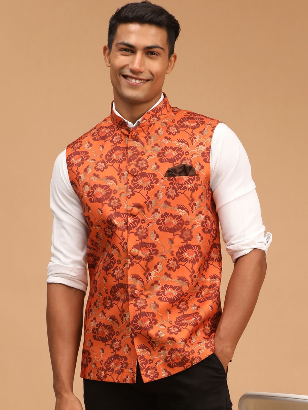 

VASTRAMAY Men Rust Printed Cotton Blend Nehru Jacket