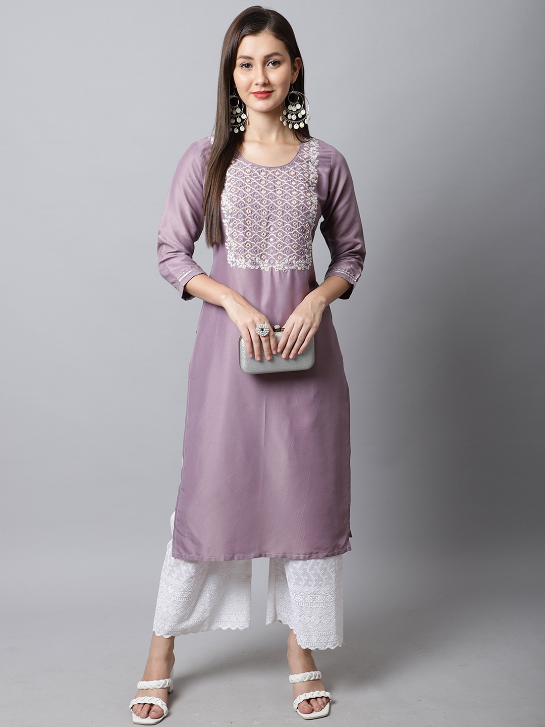 

Rajnandini Women Purple Ethnic Motif Yoke Design Mirror Work Kurta