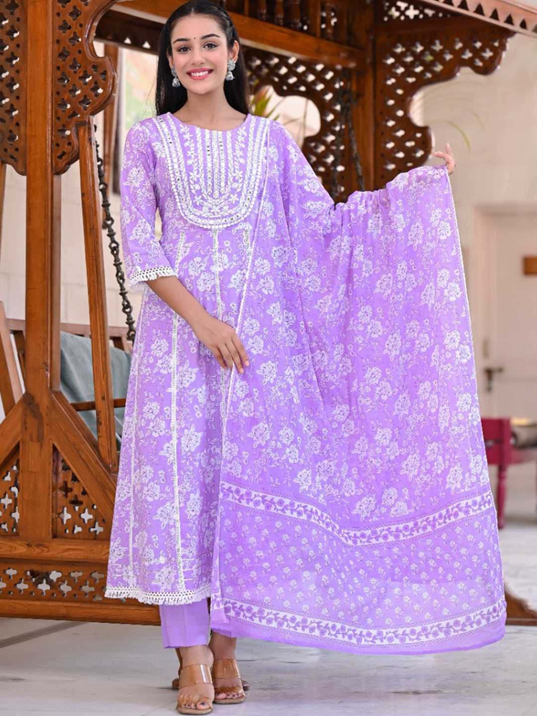 

Juniper Women Purple Floral Embroidered Mirror Work Pure Cotton Kurta with Trousers & With Dupatta