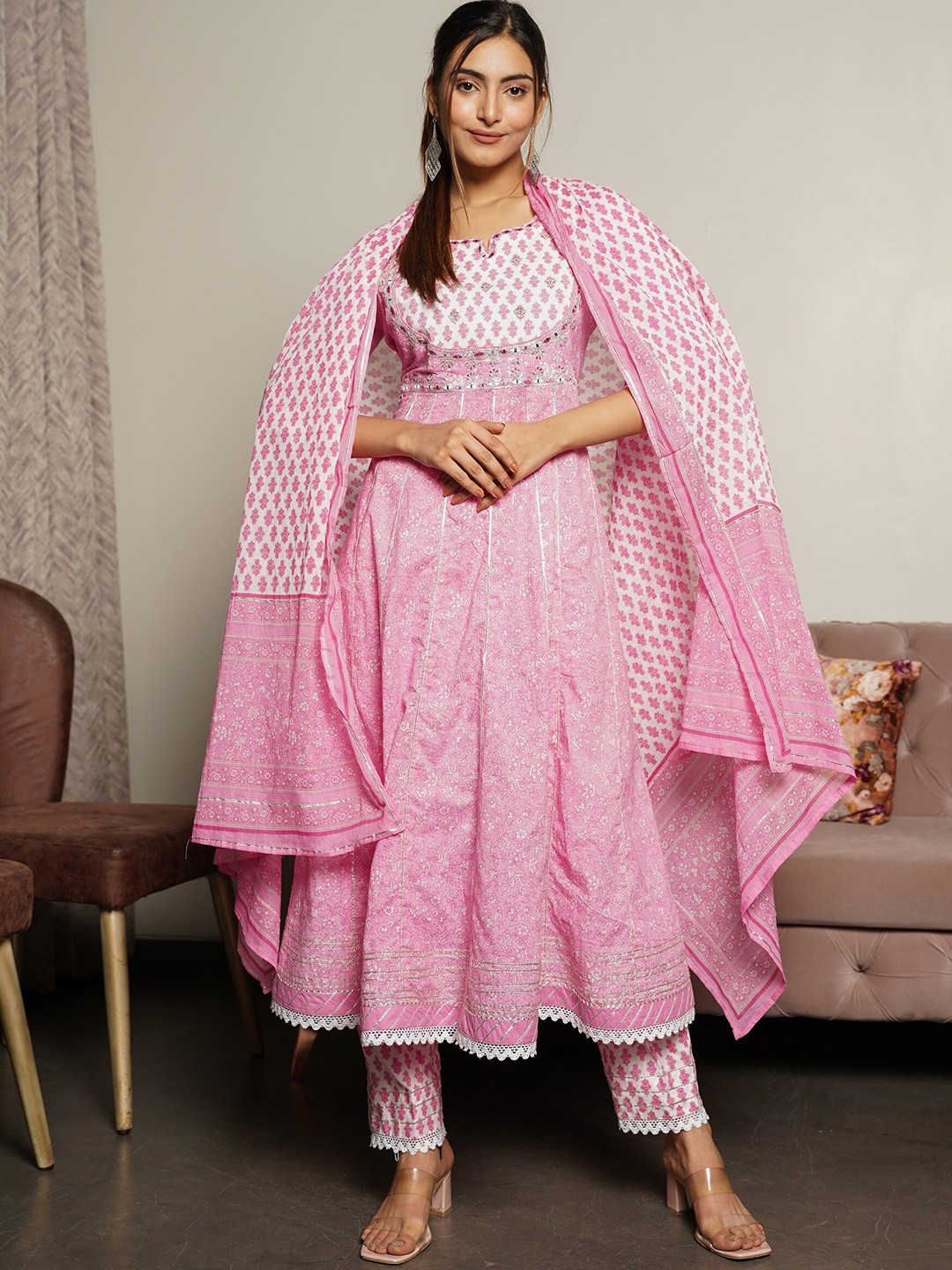

Juniper Women Pink Floral Printed Mirror Work Pure Cotton Kurta with Trousers & With Dupatta