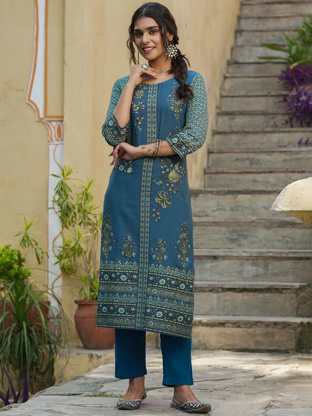 

Juniper Women Floral Printed Kurta with Trousers & With Dupatta, Blue