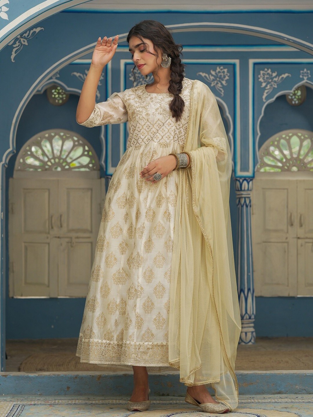 

Juniper Women Beige Ethnic Motifs Printed Chanderi Silk Anarkali Kurta