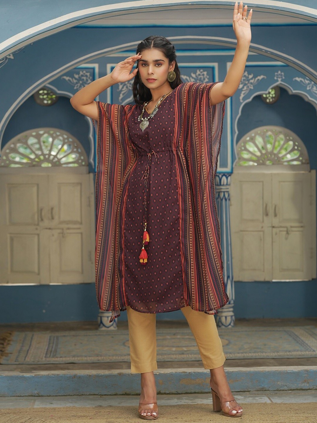 

Juniper Women Brown Printed Straight Georgette Kaftan Kurta