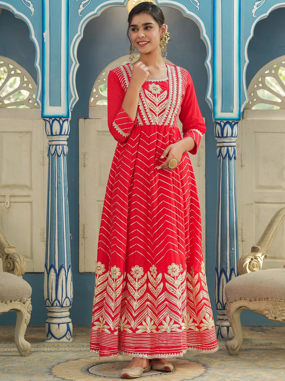 

Juniper Women Red Embroidered Cotton Fit & Flare Maxi Gotta Patti Dress