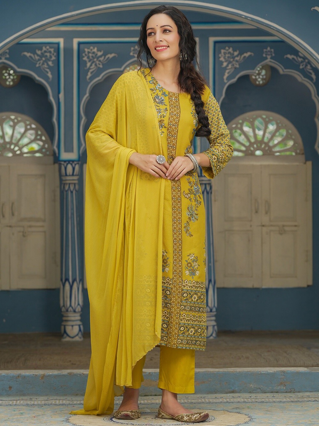 

Juniper Women Mustard Yellow Floral Printed Sequinned Kurta with Trousers & With Dupatta