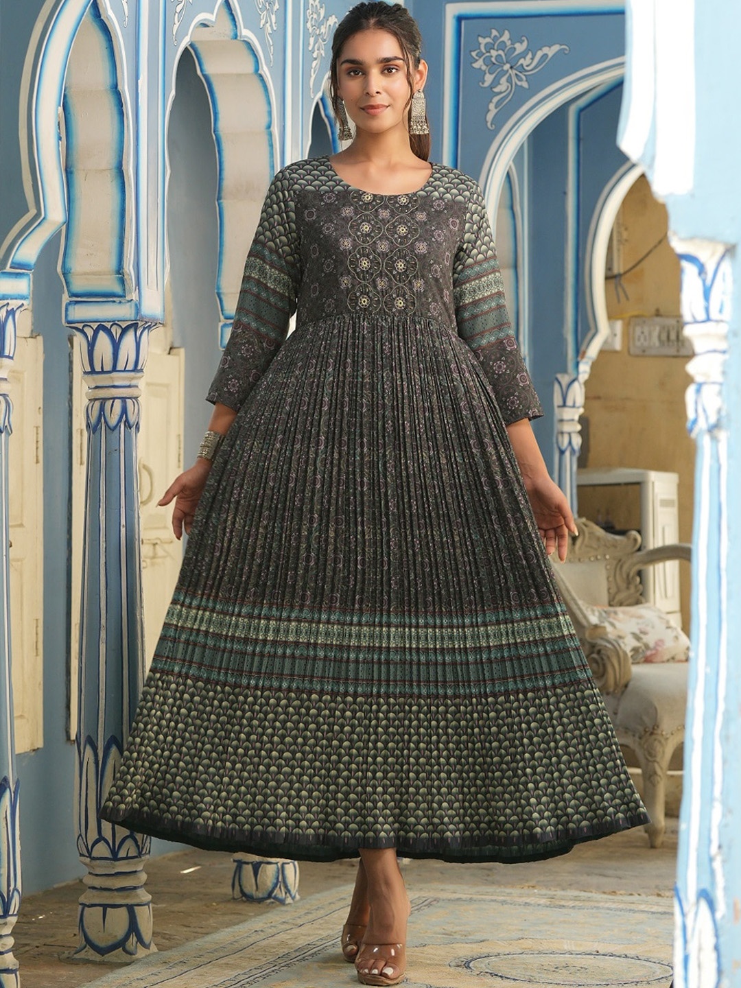 

Juniper Women Bottle Green Printed Maxi Tiered Ethnic Dress