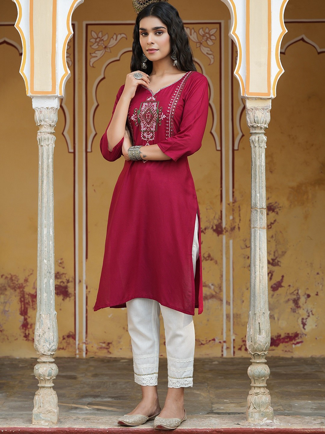 

Juniper Women Maroon Yoke Design Embroidered Straight Kurta