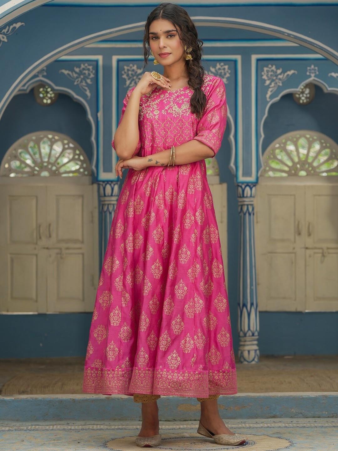

Juniper Women Pink Ethnic Motifs Embroidered Silk Anarkali Kurta
