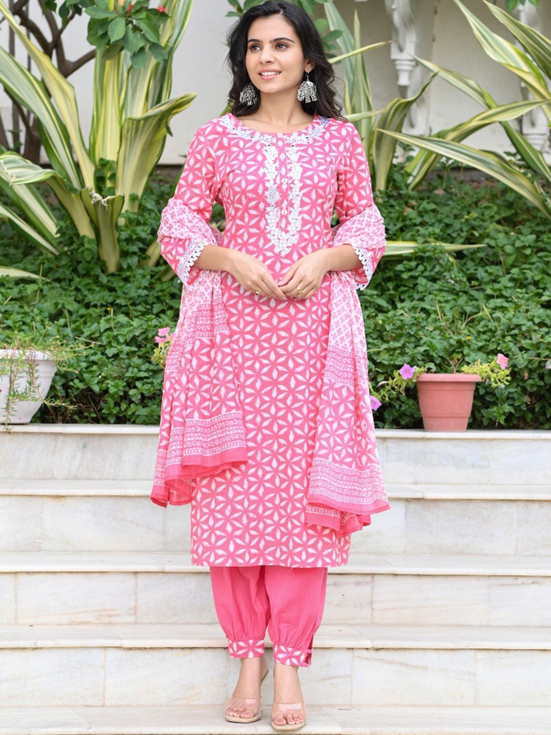 

Juniper Women Pink Embroidered Mirror Work Pure Cotton Kurta with Trousers & With Dupatta