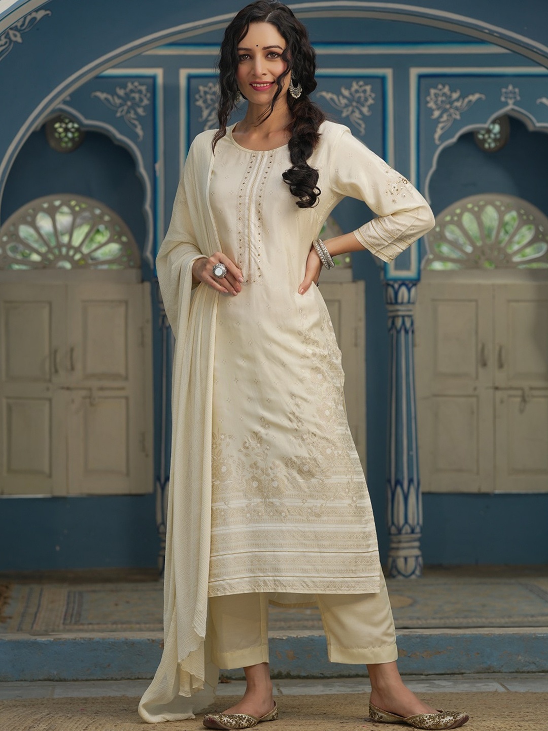 

Juniper Women Beige Printed Sequinned Kurta with Trousers & With Dupatta