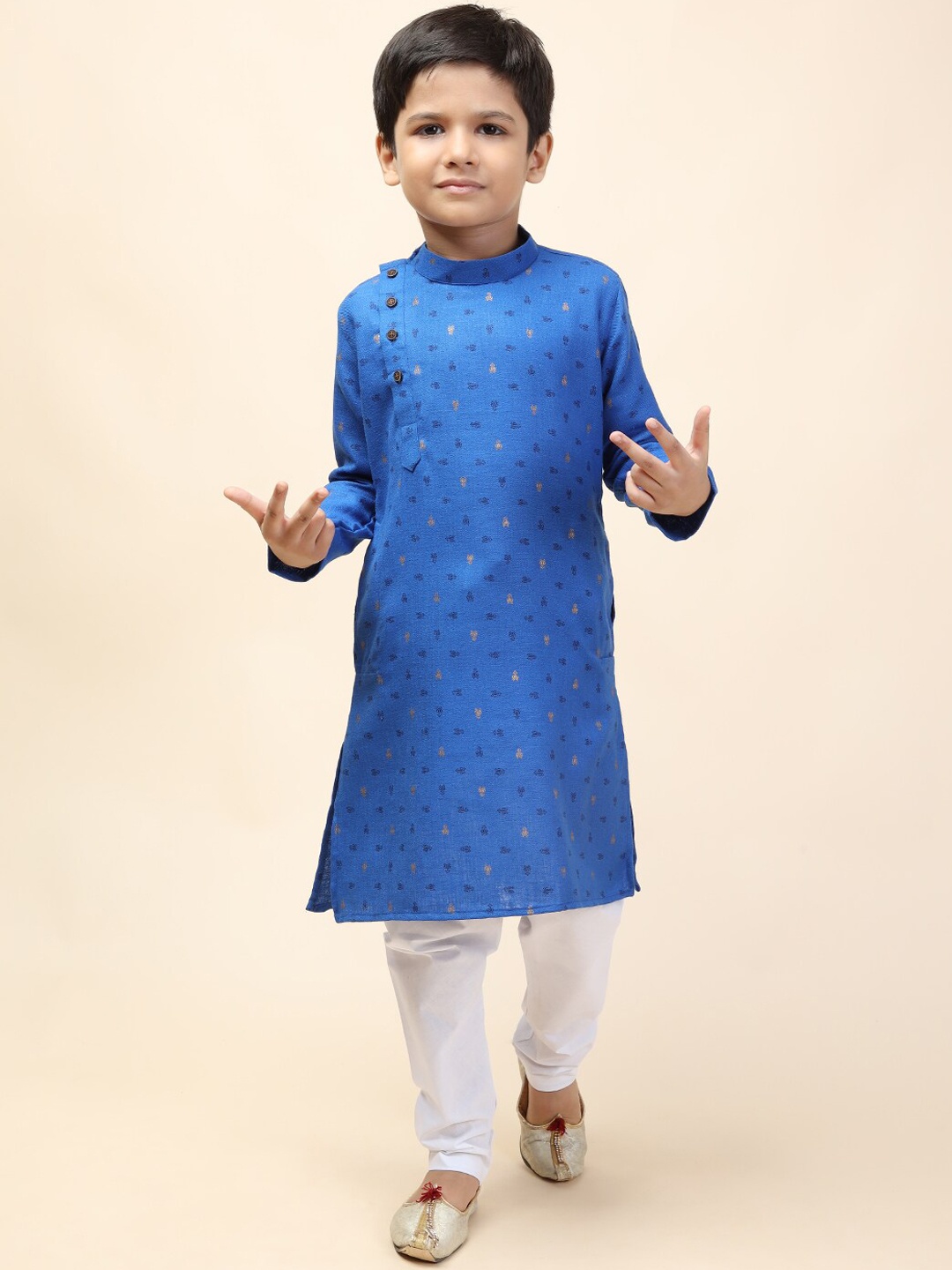 

NAMASKAR Boys Blue Ethnic Motifs Printed Angrakha Pure Cotton Kurta with Pyjama