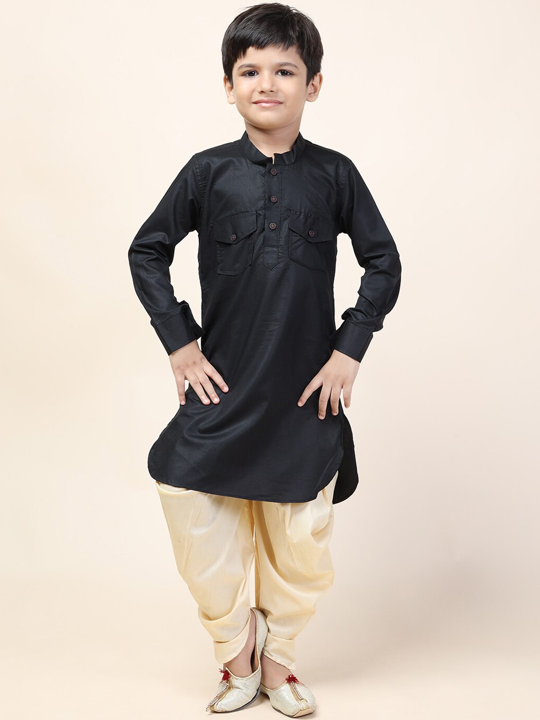 

NAMASKAR Boys Black Pure Cotton Kurta with Dhoti Pant
