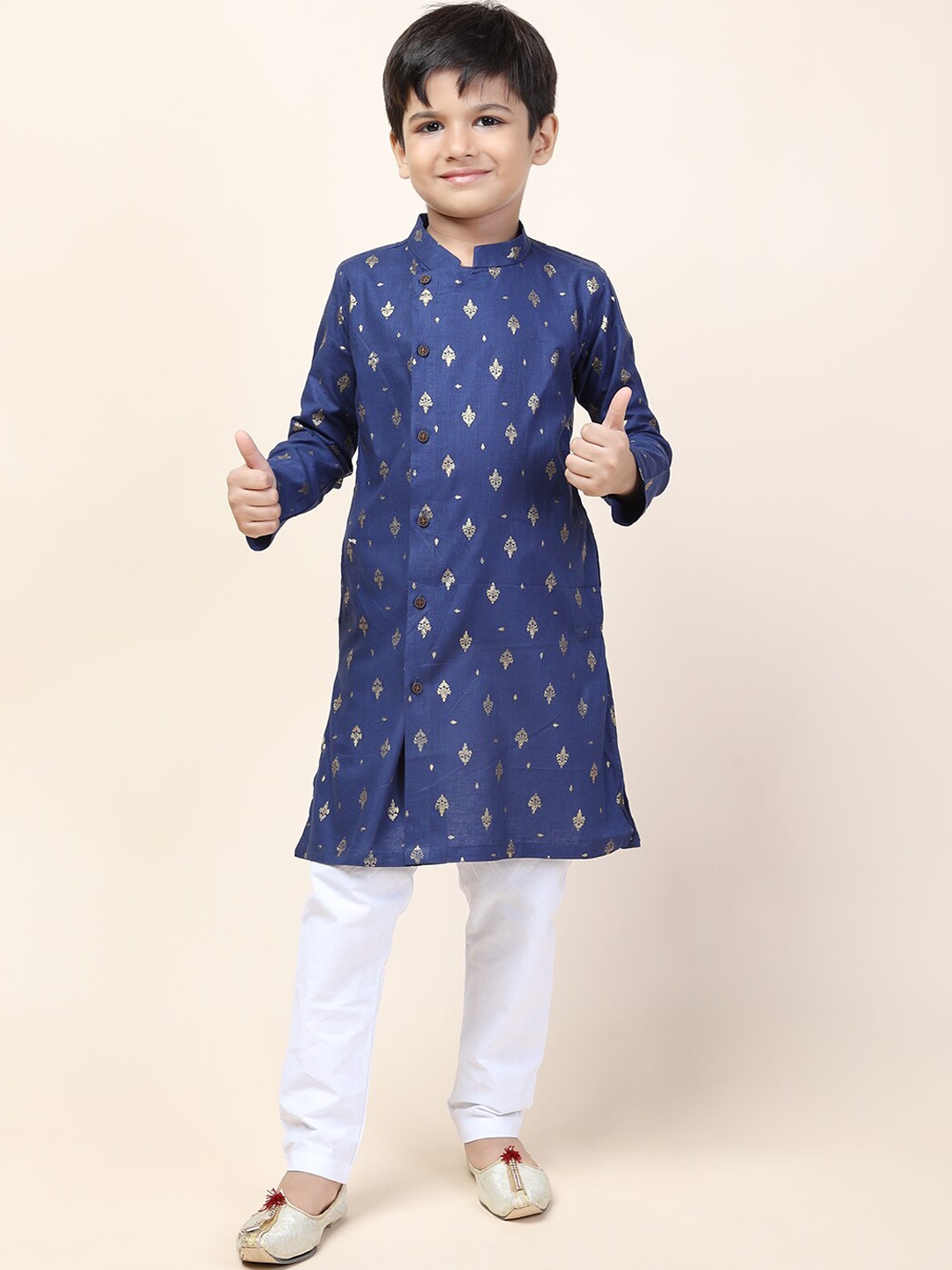 

NAMASKAR Boys Blue Ethnic Motifs Printed Angrakha Pure Cotton Kurta with Pyjama