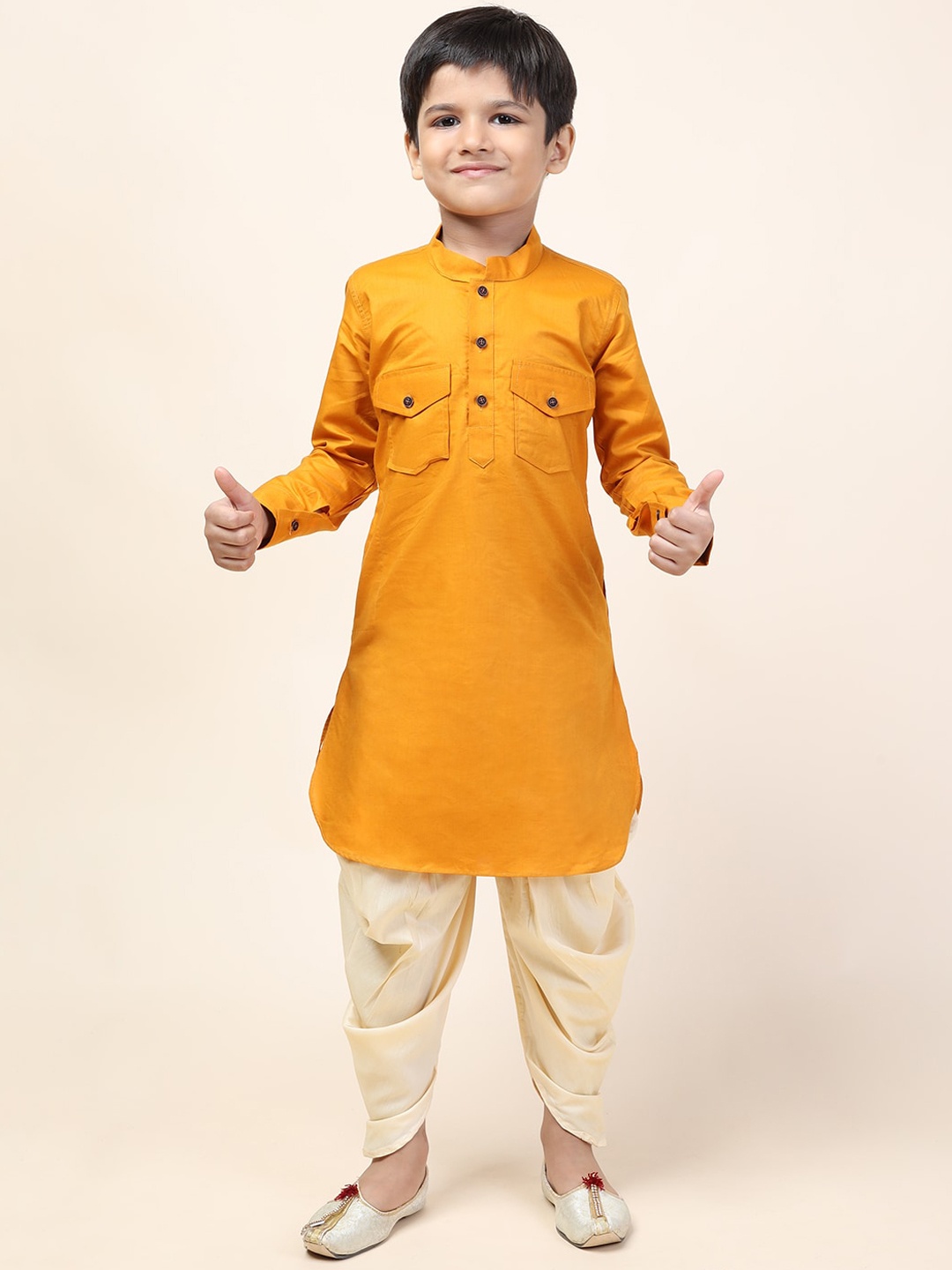 

NAMASKAR Boys Yellow Pure Cotton Kurta with Patiala Set